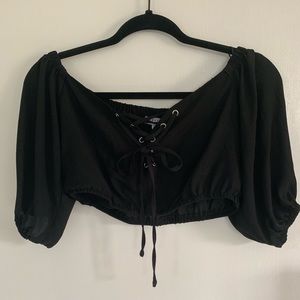Cropped lace-up off the shoulder blouse